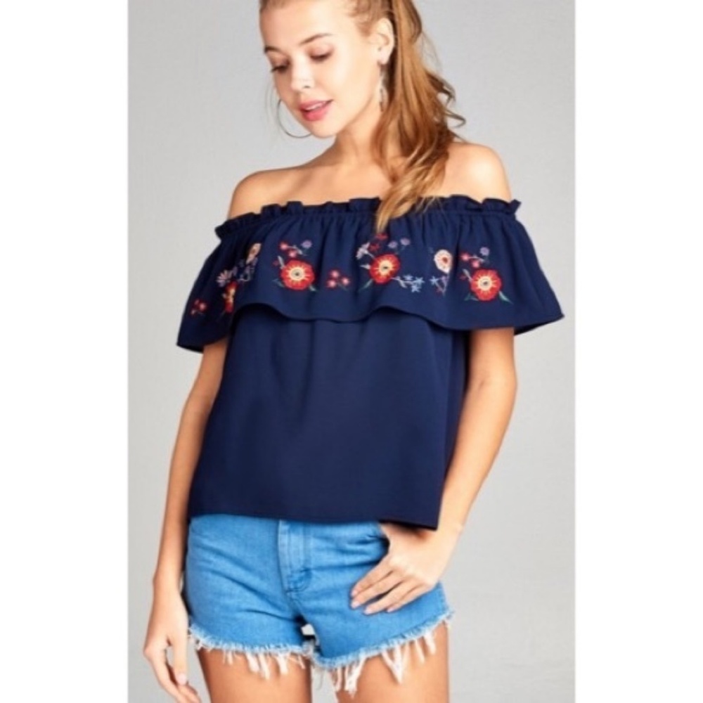 Flower Embroidered Off Shoulder Top